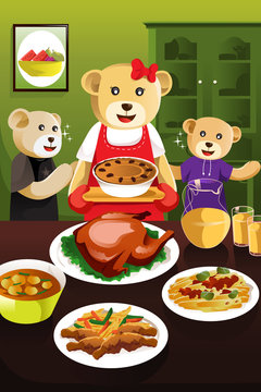 Bear family having dinner