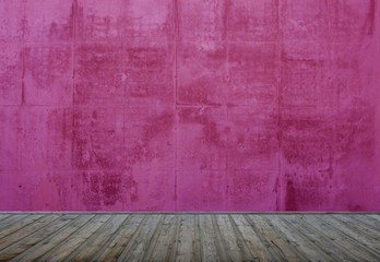 Leerer Raum mit grauen Dielen und violetter Steinwand