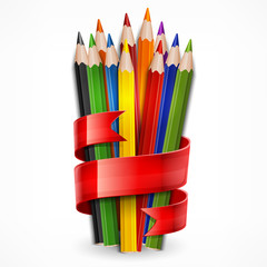 Colored wooden pencils tied with red ribbon on white, vector