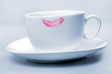 Lipstick pink on  white cup