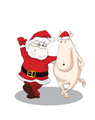 Funny horse dancing with cheerful Santa. New Year 2014