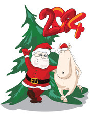 Funny horse dancing with cheerful Santa. New Year 2014