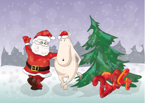 Funny horse dancing with cheerful Santa. New Year 2014
