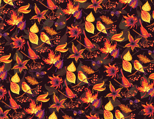 Seamless autumn pattern with birds and leaves.