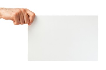 Hand holding paper over a white background