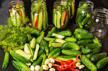 Pickles garlic and jars ready to pickle
