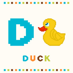 Alphabet for children, letter d and a duck isolated