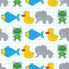 Seamless pattern with pixel animals