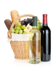 Rolgordijnen Picnic basket with bread, cheese, grape and wine bottles © karandaev