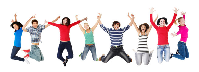 Group of happy young people jumping in the air