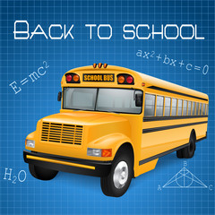 School bus on blue background with formulas