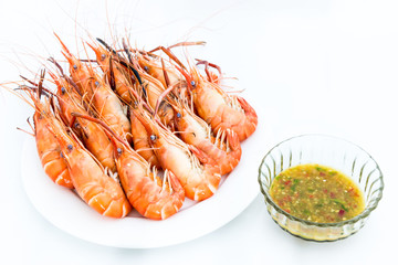 boil Giant river prawn , shrim and Seafood sauce