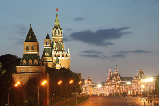 Moscow Kremlin towers and GUM building. Night view.