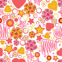 Seamless pattern with flowers, hearts and stars.
