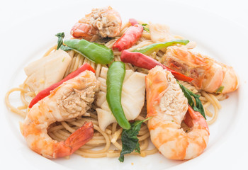 STIR FRIED SPICY SPAGHETTI WITH SEAFOOD