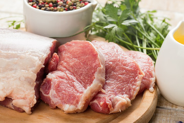 Fresh raw meat on wooden background with pepper