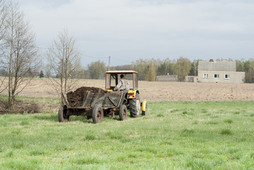Old Rustic Tractor Delivering Manure.