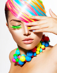Beauty Girl Portrait with Colorful Makeup, Hair and Accessories