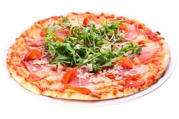 Pizza with bacon and arugula.