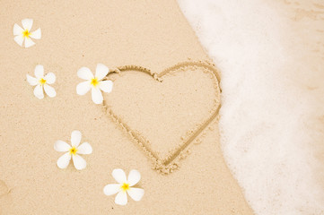 Handwritten heart on sand with wave approachin