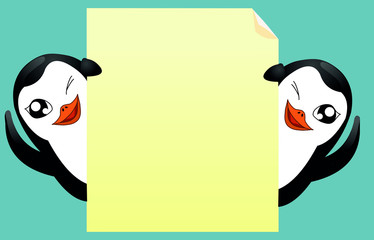 penguins wave behind a sheet of paper