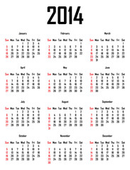 Calendar for 2014 - week starts with sunday