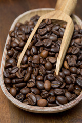 close-up of a wooden bowl with coffee beans