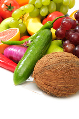 fresh fruits and vegetables on white background