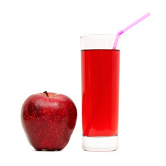 Glass with juice and apples isolated on white background