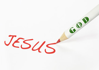 A God labeled pencil writing the word Jesus
