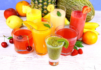 Fruit juice with kiwi, cherry, melon, tangerine, pear, apricot
