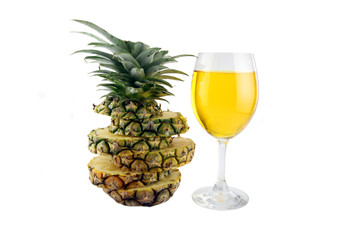 Picture pineapple slices stacked and Pineapple juice in glass.