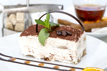tiramisu on a table in a restaurant
