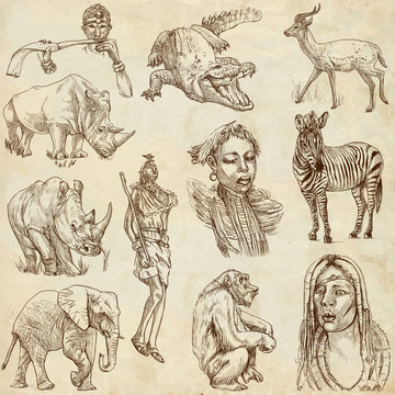 AFRICA - Collection of an hand drawn illustrations on old paper