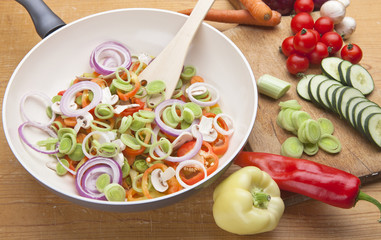 Close up of fresh ingredients in pan