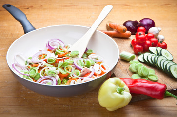 Sliced fresh vegetables in pan