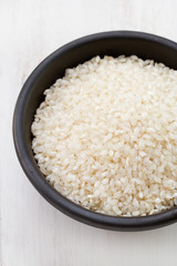 dry rice in black bowl on white table