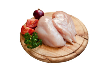 Isolated cutting board with raw chicken breast
