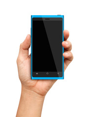 Hand holding Blue Smartphone with blank screen