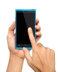 Hand holding and Touch on Blue Smartphone