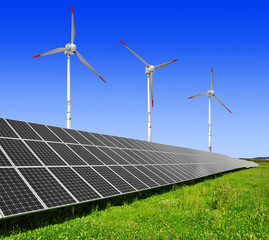 solar energy panels and wind turbine