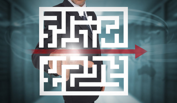 Businessman touching futuristic qr code with arrow interface