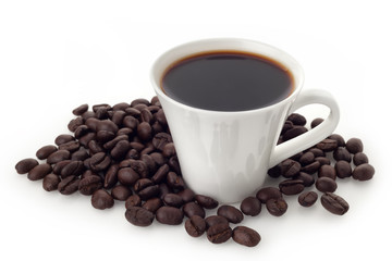 Coffee cup with coffee beans on white background