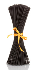 Black spaghetti with ribbon isolated on white