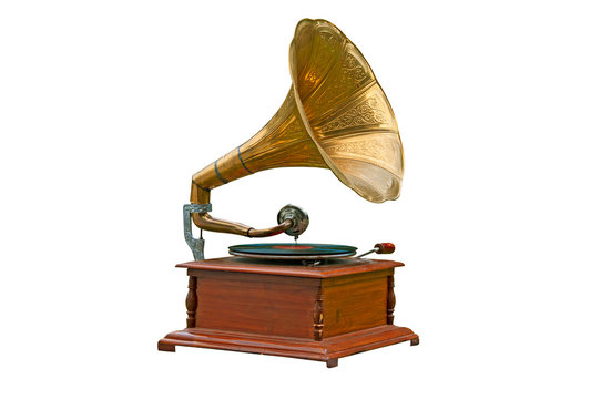 Old gramophone on white background