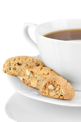 Aromatic cookies cantuccini and cup of coffee isolated on white