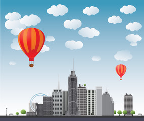 Fototapeta na wymiar Hot air balloons flying over the skyscrapers