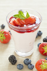 Pannacotta with wild berries and strawberry sauce, italian desse