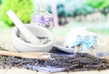 Still life with jar of lavender sugar, mortar and fresh