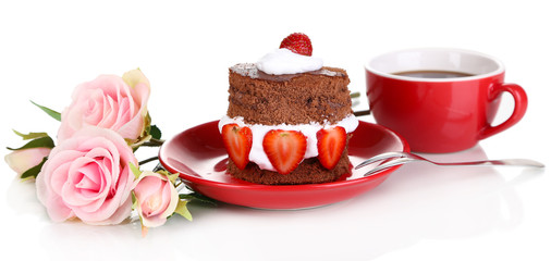 Chocolate cake with strawberry isolated on white